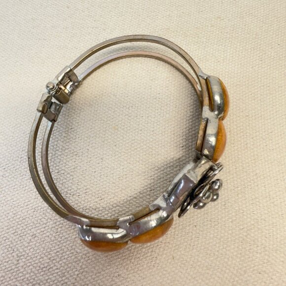Handmade Vintage Hinged Bangle Bracelet Silver-Tone Boho Tan Blue Floral - Picture 2 of 10